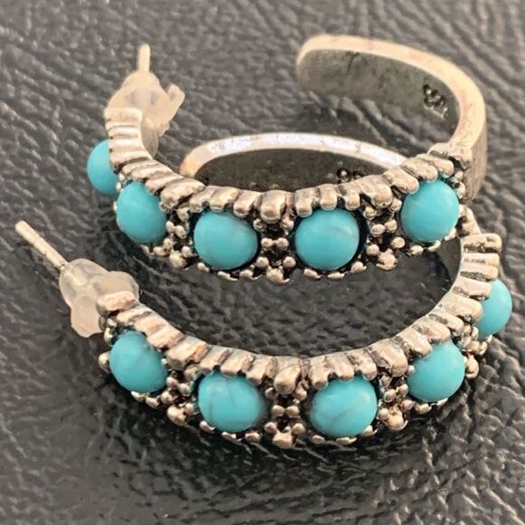 Western Hopi Navajo Style Faux Turquoise & Sterling Silver 925 Hoop Earrings NEW - Picture 1 of 12